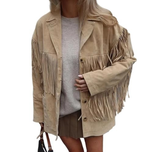 TYATVS Khaki Suede Fringe Jacket Women Cowgirl Outfits Western Oversized Boho Jacket Y2k 90s Fall Aesthetic Streetwear (M,Medium) | Amazon (US)
