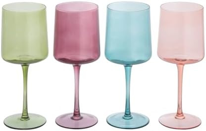 Creative Co-Op Hand Blown Stemmed Wine Glasses, 14 Ounces, 4 Assorted Colors Glassware, Multi | Amazon (US)