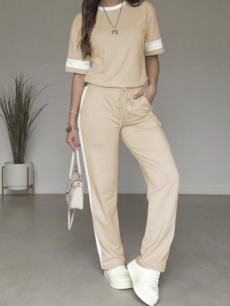 2pcs/Set Women's Casual Matching Contrast Color Round Neck Short Sleeve Top And High Waist Drawstring Straight Leg Pants, Spring/Summer | SHEIN