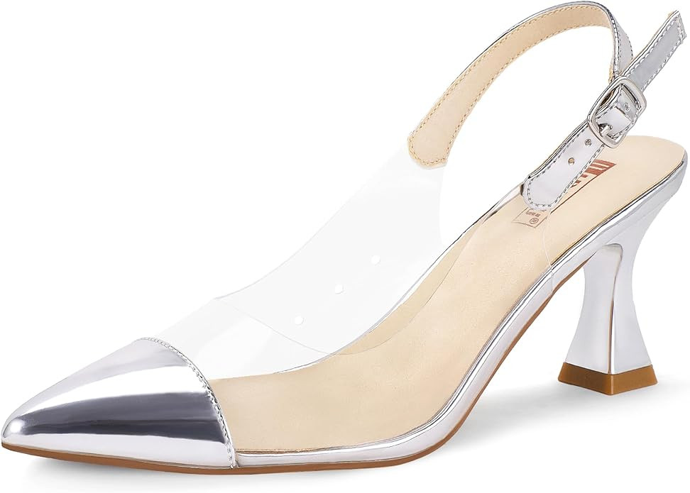 IDIFU IN3 Slingback Clear Heels Women's Pumps Closed Pointed Toe Kitten Low Short Heels Dress Sho... | Amazon (US)