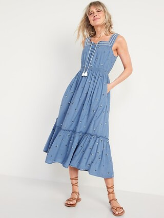 Sleeveless Waist-Defined Embroidered Clip-Dot Maxi Dress for Women | Old Navy (US)