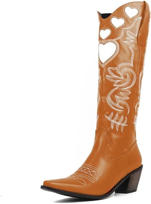 Womens Knee High Boots Vintage Embroidered Chunky Heel Pointed Toe Cute Heart Party Cowboy Wester... | Amazon (US)