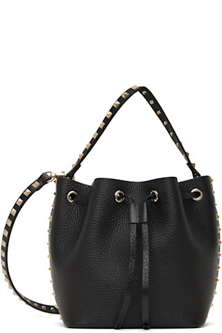 Valentino Garavani - Black Rockstud Grainy Calfskin Bucket Bag | SSENSE