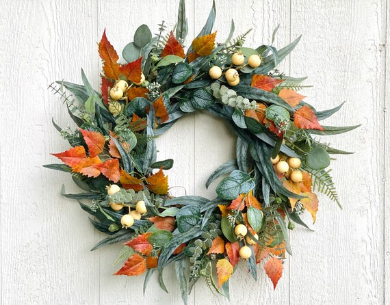 Fall Eucalyptus Wreath With Fall Foliage and Cream Berries, Autumn Door Wreath, Front Door Wreath... | Etsy (US)