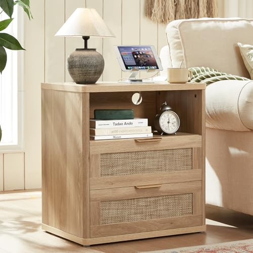 LEYAOYAO Rattan Night Stand with Charger Station, 23" Wide Boho Nightstand with 2 Drawers, Natural Wood Bedside Table Open Storage Cabinet, Bed Side End Tables Dresser for Bedroom, Living Room Hallway | Amazon (US)