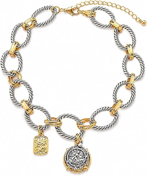 Two Tone Chunky Chain Necklace, Vintage Coin Charm Jewelry for Women | Amazon (US)
