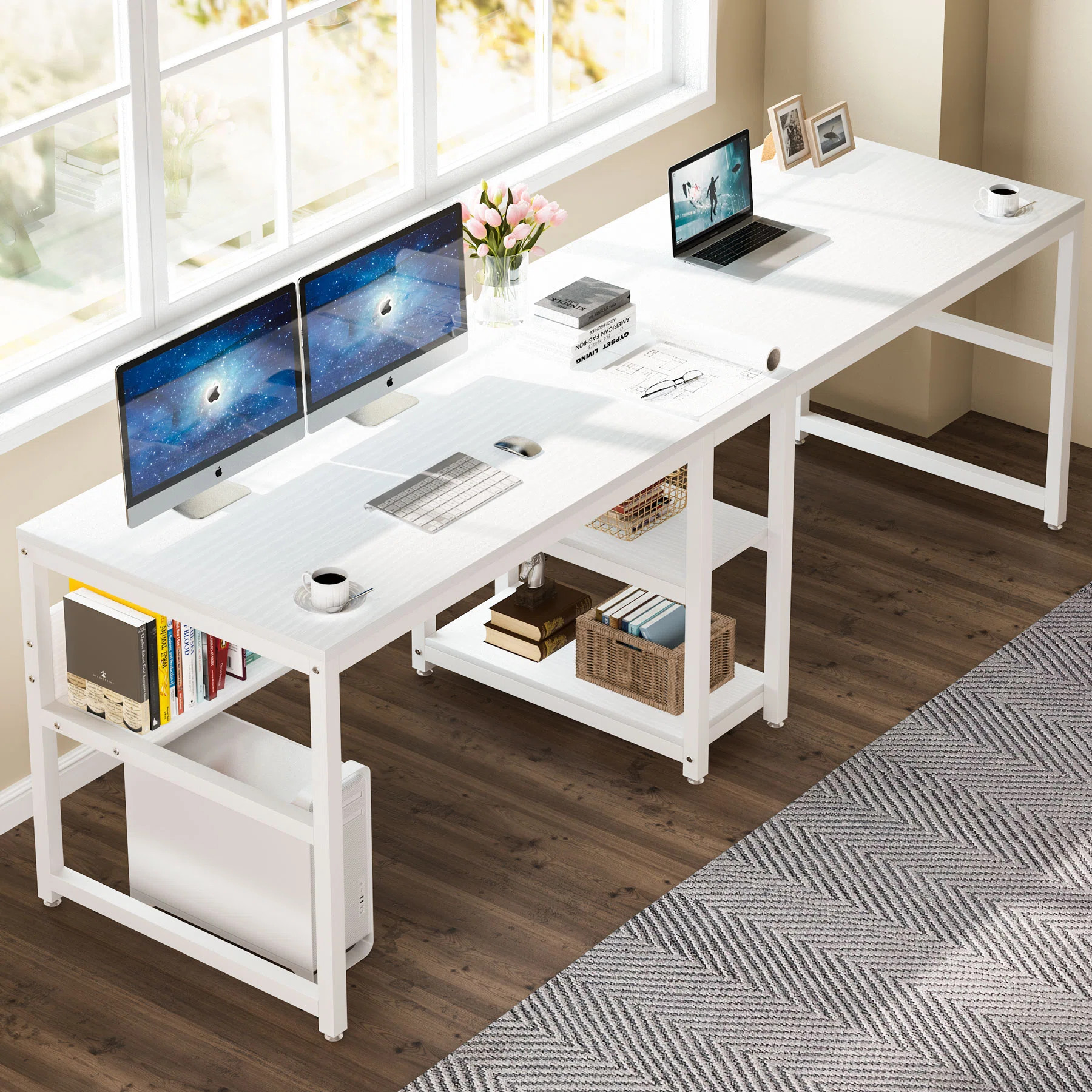 78.74" W Two Person Computer Desk with Bookshelf, Long Double Desk for Home Office | Wayfair North America