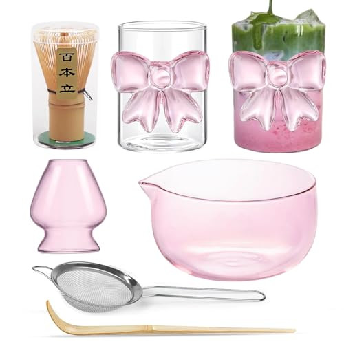 Pink Matcha Set Whisk, matcha Bowl with Spout,Glass Bow Matcha Cup for Iced Coffee Matcha Latte,Sifter,Bamboo Whisk Holder,Scoop 6pcs Cute Matcha Kit Japanese Tea Set Ceremonial Gifts | Amazon (US)