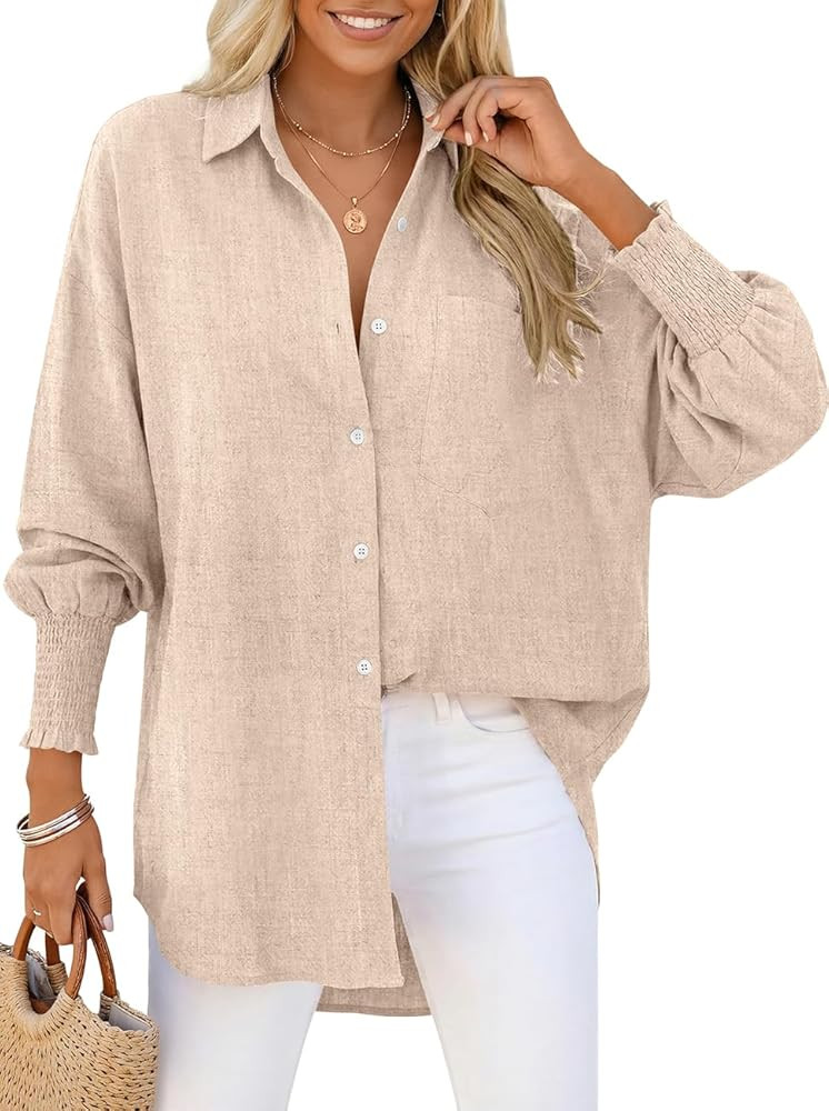 TARSE Women Linen Shirt Smocked Cuffed Casual Collar Long Sleeve Oversized Button Down Blouse Top... | Amazon (US)
