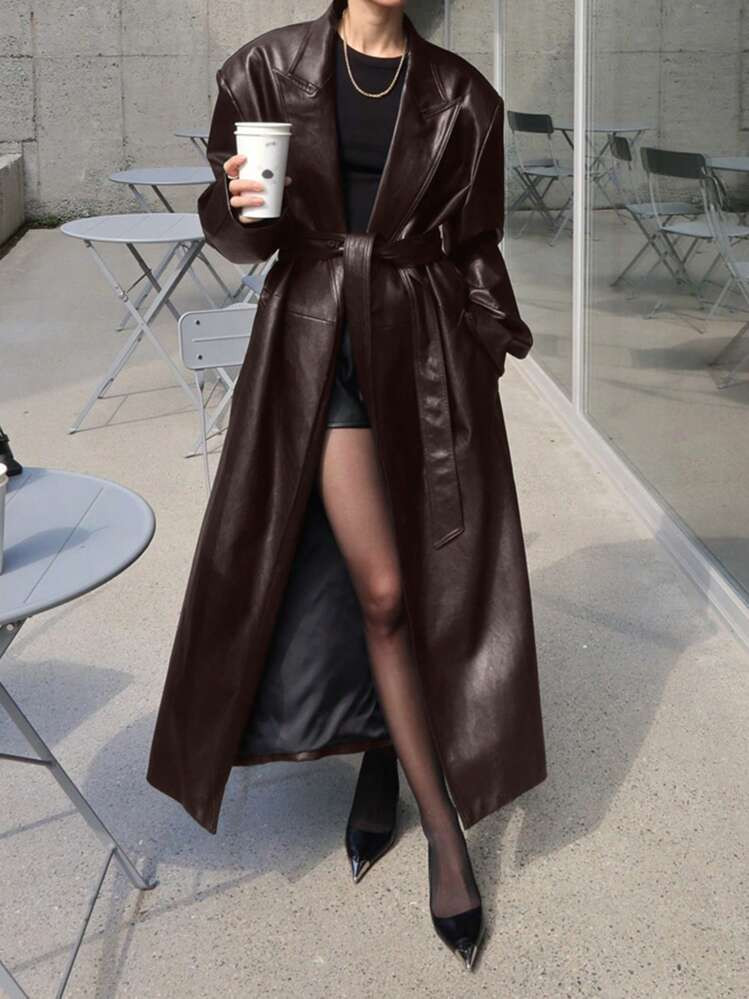 DAZY Women Long Solid Color Leather Jacket Regular Fit Coat,Fall Women Clothes | SHEIN