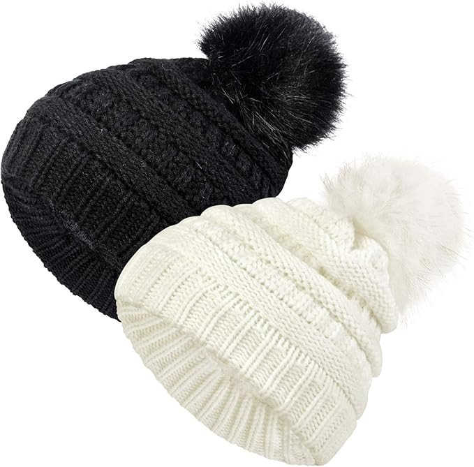2 Pack Toddler Kids Winter Warm Fleece Lined Beanie Hats for Boys and Girls Crochet Hairball Knit... | Amazon (US)