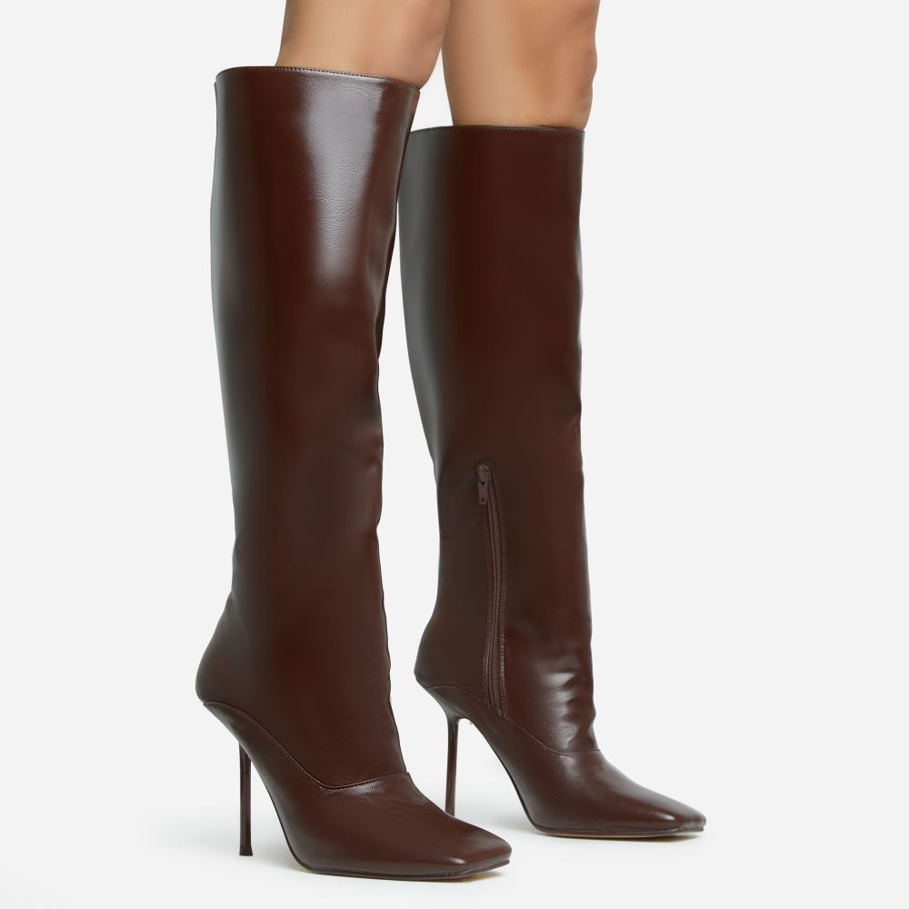 Lavia Square Toe Stiletto Heel Knee High Long Boot In Dark Brown Faux Leather | EGO (UK)