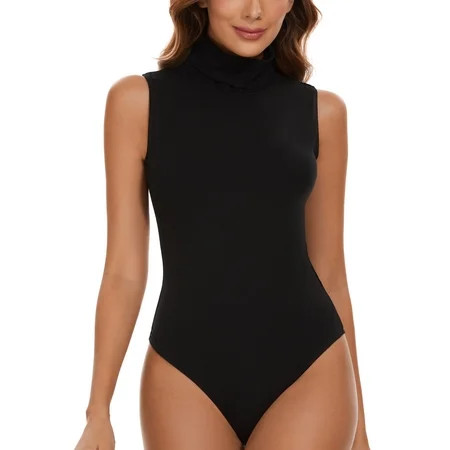 Women s Sleeveless Mock Turtle Neck Bodysuit Soft Slim Fit Stretchy Layer Top Classic Jumpsuit | Walmart (US)
