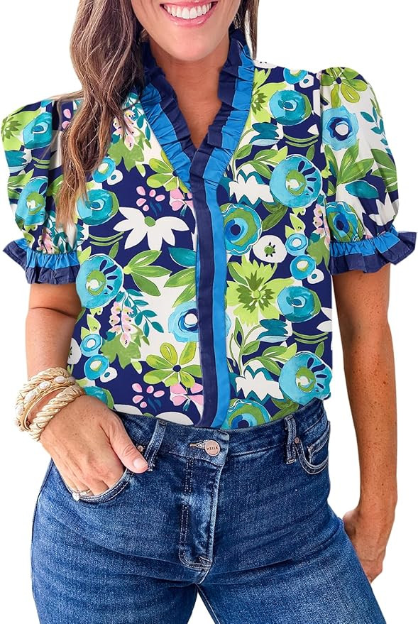 Cicy Bell Womens Summer Floral Print Tops Casual Puff Short Sleeve Ruffle V Neck Button Down Shir... | Amazon (US)