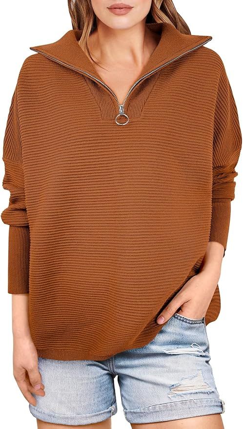 ANRABESS Women Quarter Zip Oversized Casual Loose Rib Knit Cozy Pullover Sweaters Top 2024 Fall F... | Amazon (US)