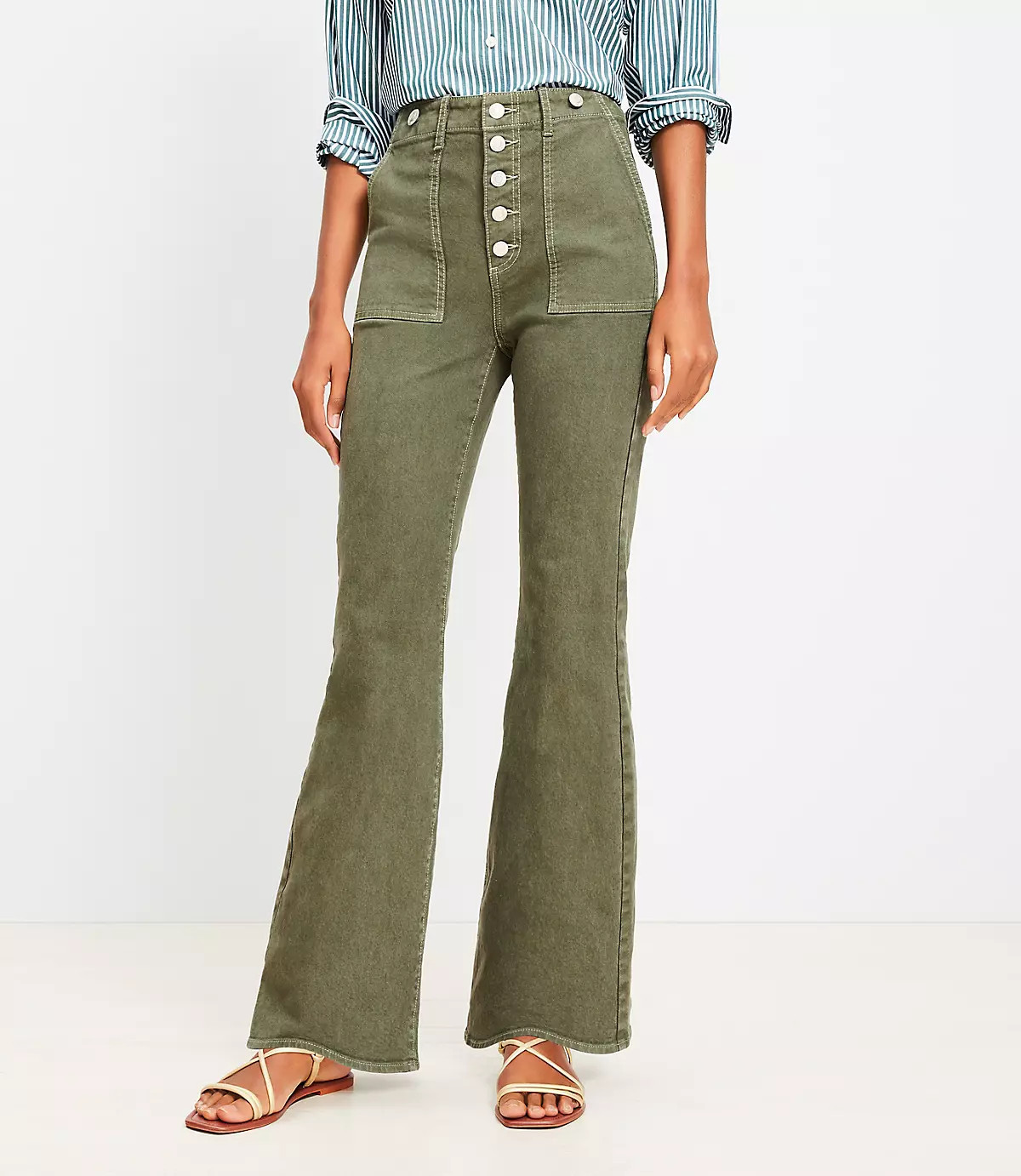 High Rise Relaxed Flare Jeans in Evening Olive | LOFT
