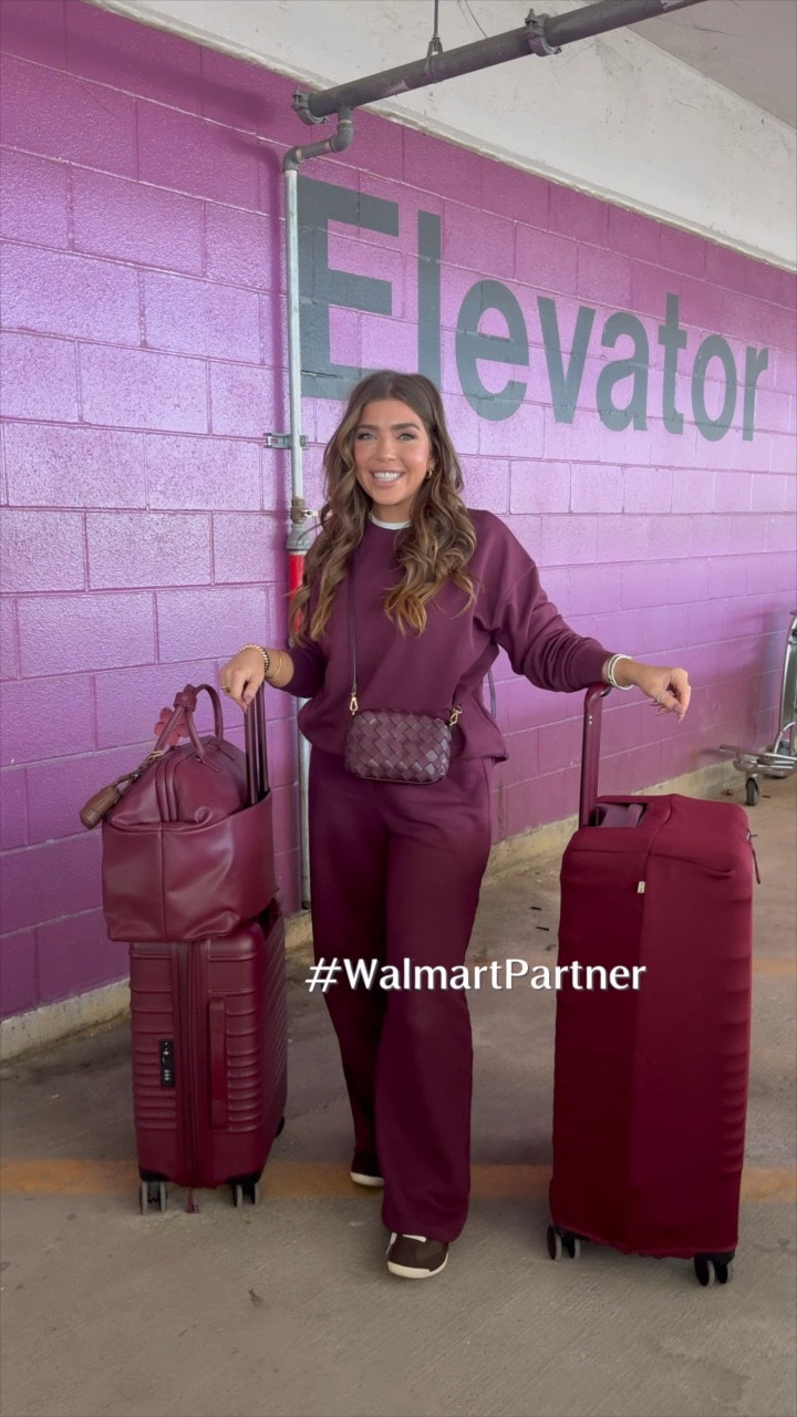 #walmartpartner affordable (& comfy travel outfit) in the IT color of the season 🍷🍇 the top is $11 & the bottoms are $12 🫶 bag & sneaked are also Walmart. Sweats fit true to size, size up if you want a baggier fit ✨ #walmartfashion @walmart 

#LTKTravel