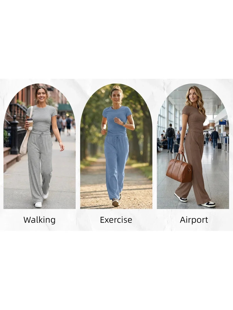 UVN Summer 2 Piece Outfit Set for Women Ruched Short Sleeve Tops and Wide Leg Pants Casual Tracks... | Walmart (US)