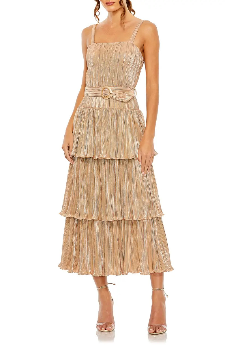 Metallic Plissé Tiered Midi Cocktail Dress | Nordstrom