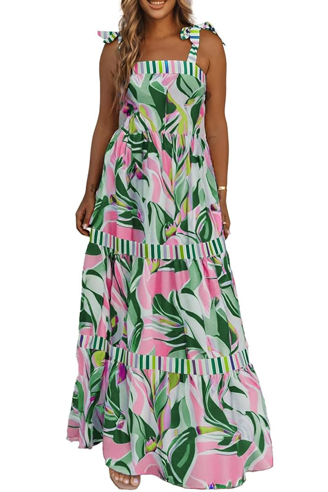 AlvaQ Women's 2025 Summer Sleeveless Floral Print Maxi Dress Strap Square Neck Beach Sun Dress | Amazon (US)