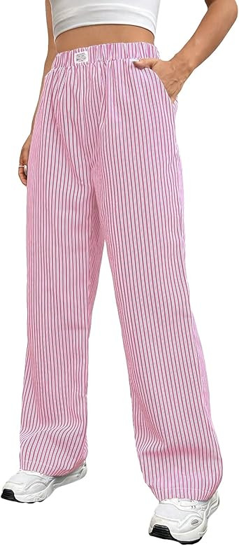 OYOANGLE Women's Straight Wide Leg Trousers Striped Print Letter Patched Detail High Waist Y2K Fa... | Amazon (US)