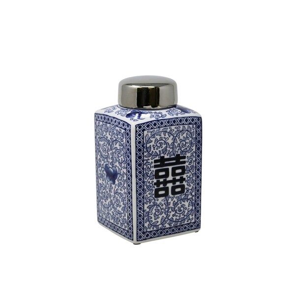 Sagebrook Home 13454-02 Ceramic Chinese Covered Square Jar, Blue/White Ceramic, 5 x 5 x 10 Inches | Bed Bath & Beyond