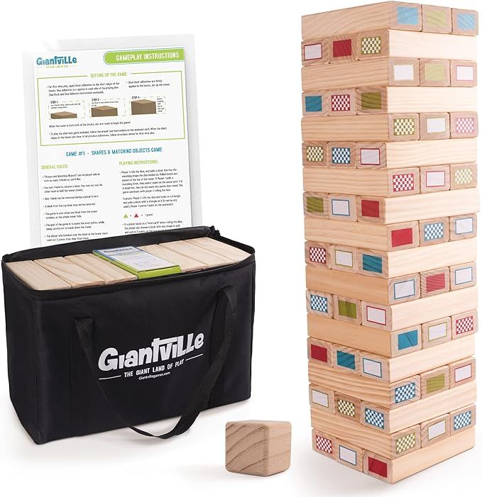 Giant Tumbling Timber Toy + Dice + Adhesive Tattoos + Carry Bag + Eraser - Large Backyard Blocks ... | Amazon (US)
