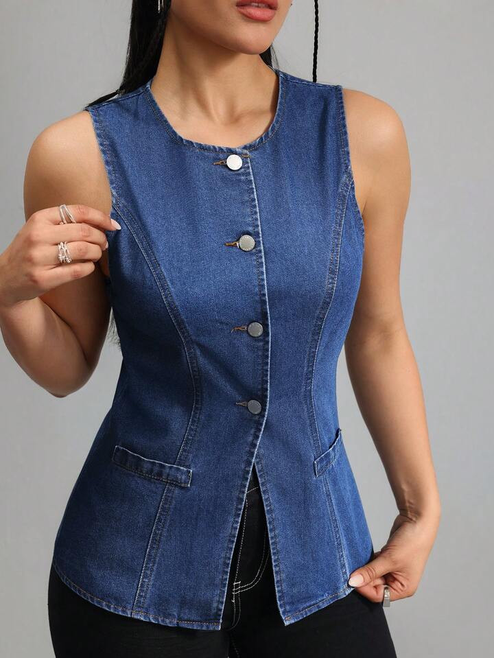 SHEIN Tall Women's Denim Tops Casual Fit Long Vest Blue Women's Tops Women Blouses Fall Summer Wo... | SHEIN