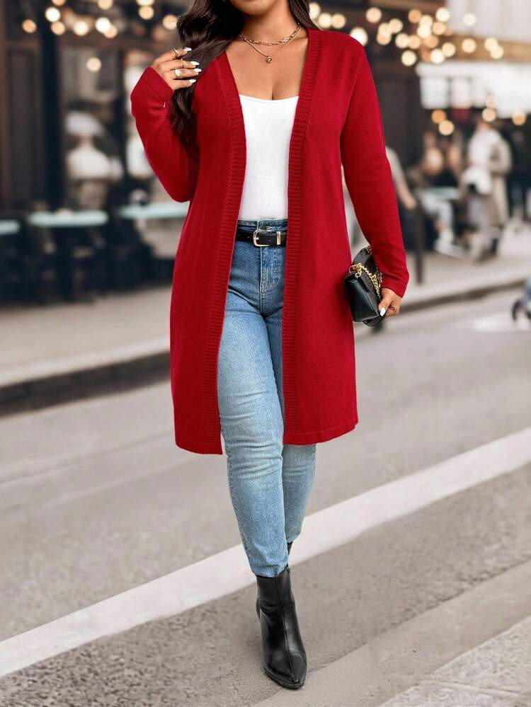 EMERY ROSE Christmas 1pc Women Plus Size Solid Color Long Sleeve Casual Comfortable Cardigan Sweater | SHEIN