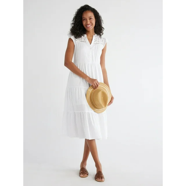 Time and Tru Women's Top Embroidered Yoke Midi Dress, Sizes XS-XXXL | Walmart (US)