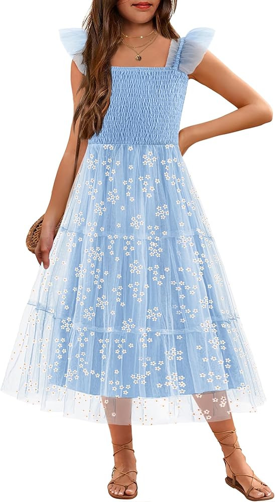 Arshiner Tween Girls Dress Ruffle Sleeve Elastic Straps Smocked A-Line Tulle Summer Long Patry Bi... | Amazon (US)