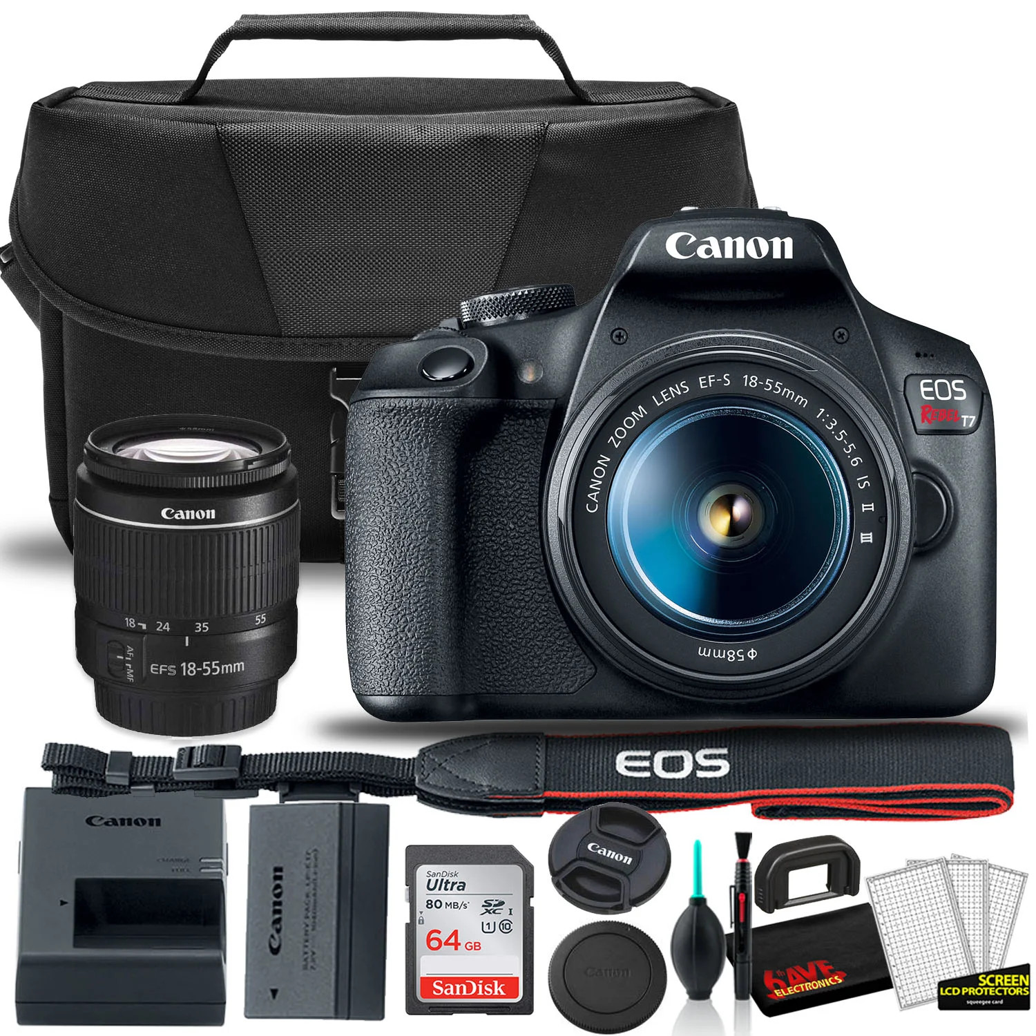 Canon EOS Rebel T7 DSLR Camera w/ 18-55mm Lens, Wi-Fi and Accessories: Bag, 64GB Card and More (N... | Walmart (US)