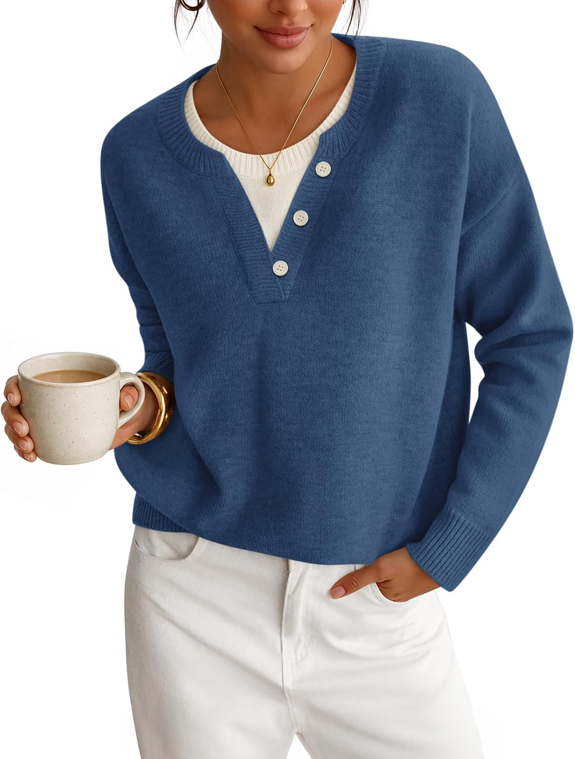 ZESICA Women's Fall Winter Henley Neck Oversized Sweater Tops | Amazon (US)