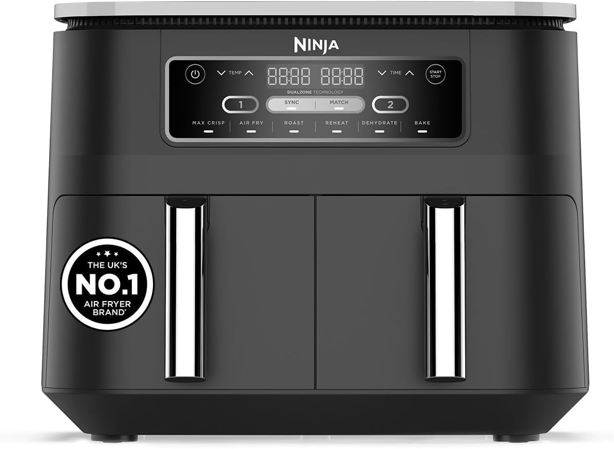 Ninja Foodi Dual Zone Digital Air Fryer, 2 Drawers, 7.6L, 6-in-1, Uses No Oil, Air Fry, Max Crisp, Roast, Bake, Reheat, Dehydrate, Cooks 4-6 Portions, Non-Stick, Dishwasher Safe Baskets, Black AF300UK | Amazon (UK)