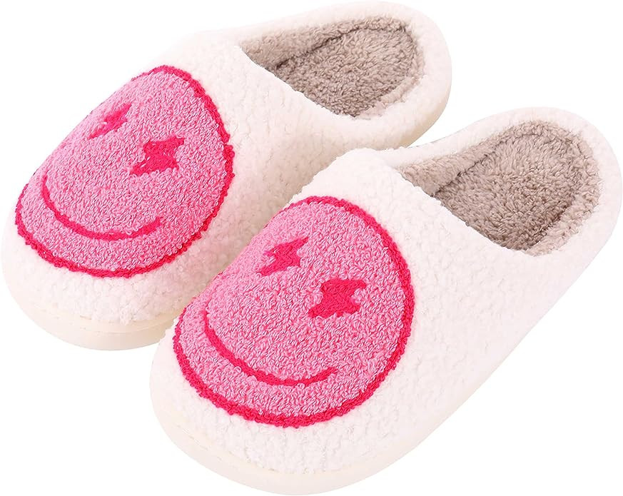 Retro Lightning Bolt Smile Face Soft Plush Comfy Warm Fuzzy Women's Cozy House Slippers | Amazon (US)