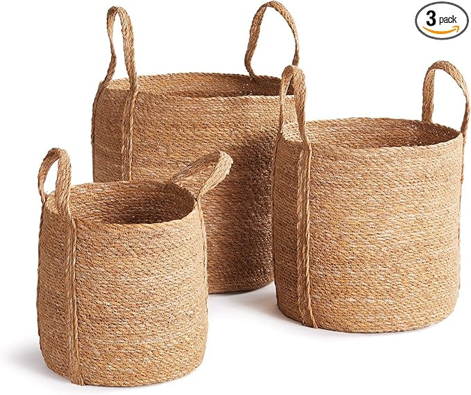 Napa Home & Garden Natural Seagrass Baskets Set of 3: Round with long handles soft textured stora... | Amazon (US)