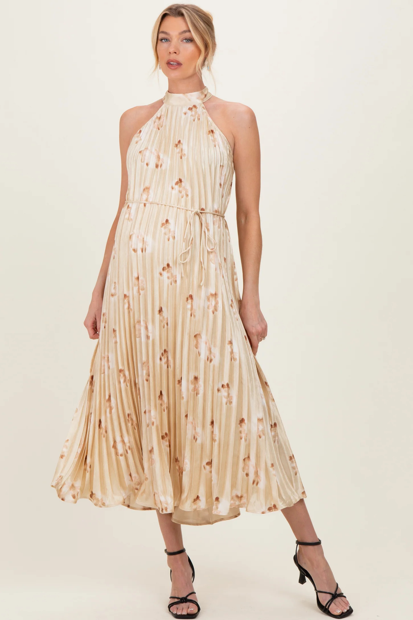 Yellow Floral Pleated Halter Maternity Midi Dress | PinkBlush Maternity