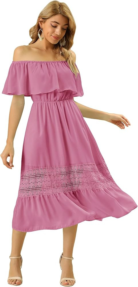 Allegra K Women's Off Shoulder Ruffle Lace Insert High Waist Short Sleeve Flowy Midi Dress | Amazon (US)