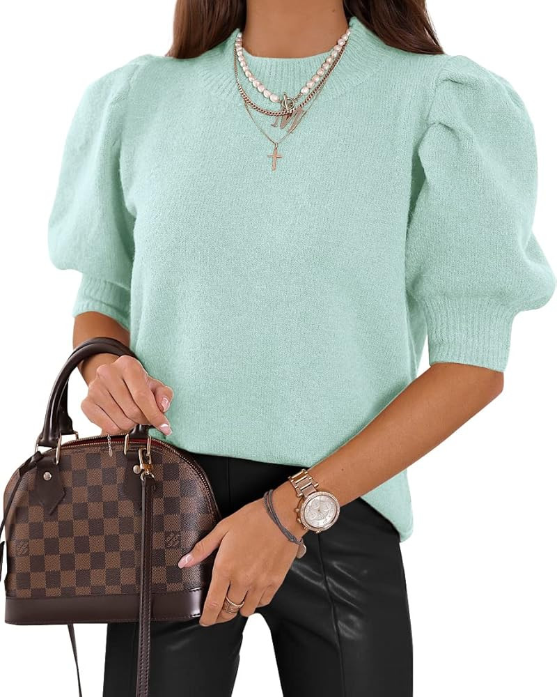 Women's Puff Short Sleeve Sweater Tops 2024 Spring Summer Trendy Crew/Square/V Neck Casual T Shir... | Amazon (US)
