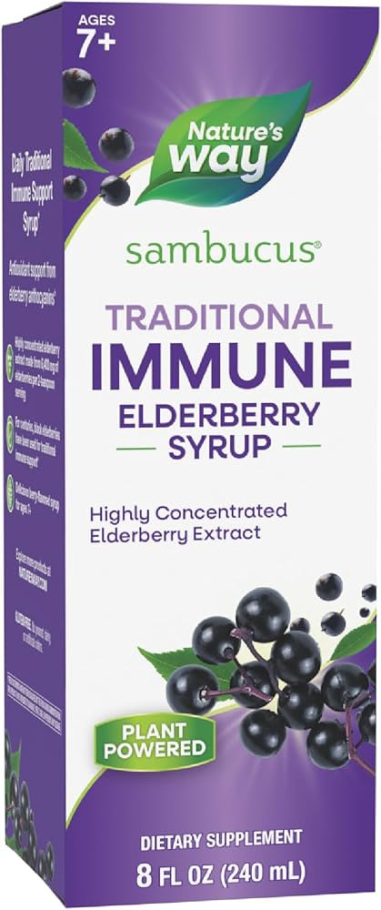 Nature’s Way Sambucus Elderberry Traditional Immune Syrup, Highly Concentrated Black Elderberry Extract, Traditional Immune Support*, Delicious Berry Flavored, 8 Fl Oz (Packaging May Vary) | Amazon (US)