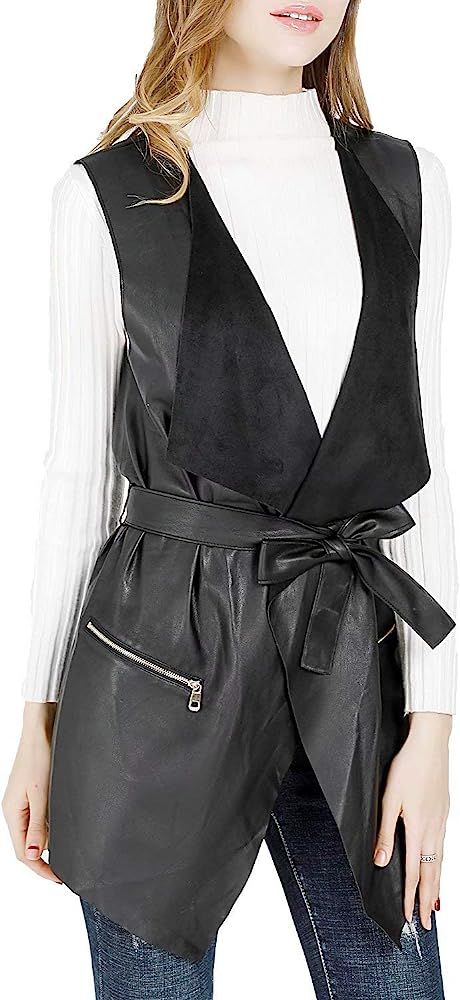 DIASHINY Women's Lapel Sleeveless Faux Leather Long Vests, Drape Open Front PU Cardigan | Amazon (US)