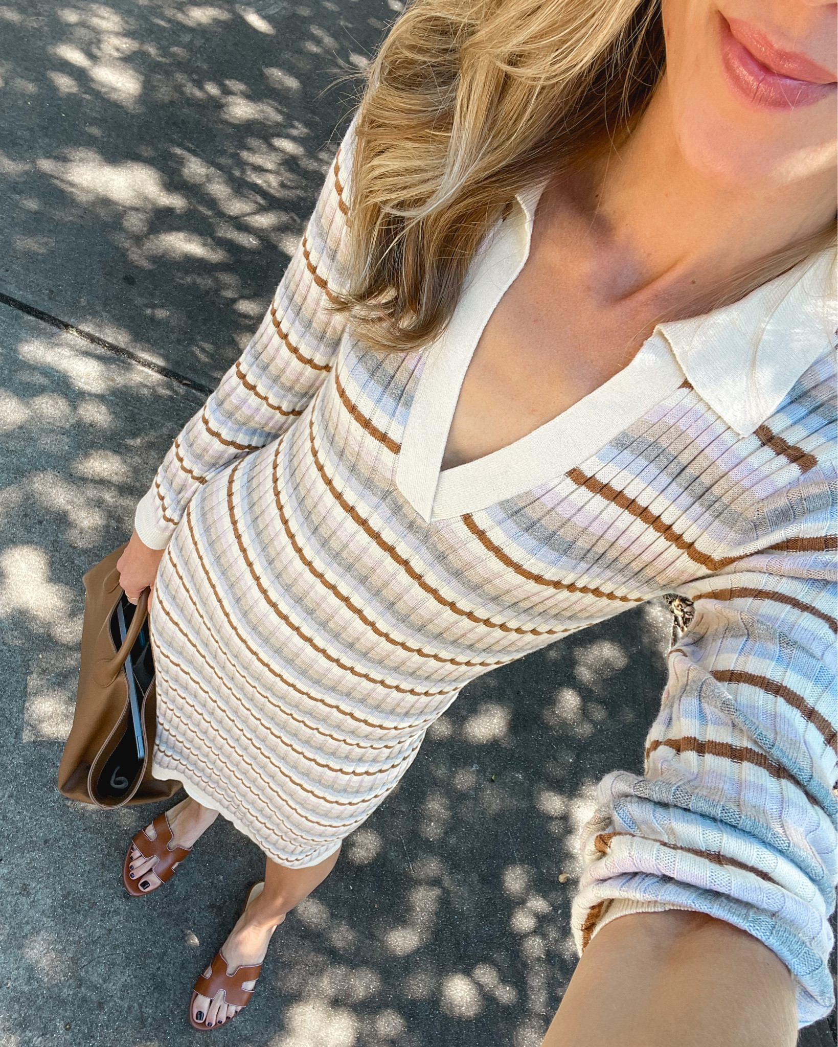 Daily look wearing Skin striped polo dress (size S, only a few sizes left, similar also linked), KHAITE tote bag (similar also linked), Tuckernuck sandals. 

#stripeddress #stripedsweaterdress #polodress #knitdress #stripedknitdress 

#LTKsalealert #LTKSeasonal #LTKunder100