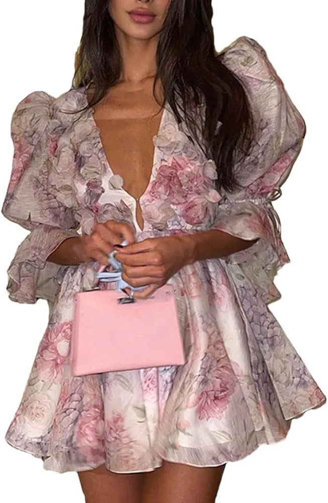 Women Fashion Printed Chiffon Mini Dress Sexy Deep V-Neck Puff Sleeve Pleated Short Dresses Summe... | Amazon (US)