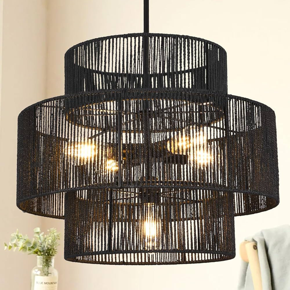 24" Boho Large Rattan Chandelier Light Fixture, 5-Light Hand Woven Black Boho Chandelier, Farmhou... | Amazon (US)