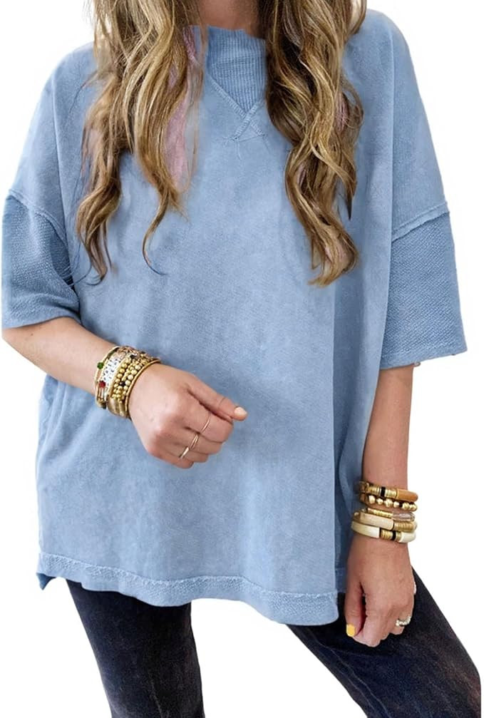 KevaMolly Women Mineral Wash Drop Shoulder Oversized T Shirt | Solid Short Sleeve Tee, Exposed Se... | Amazon (US)