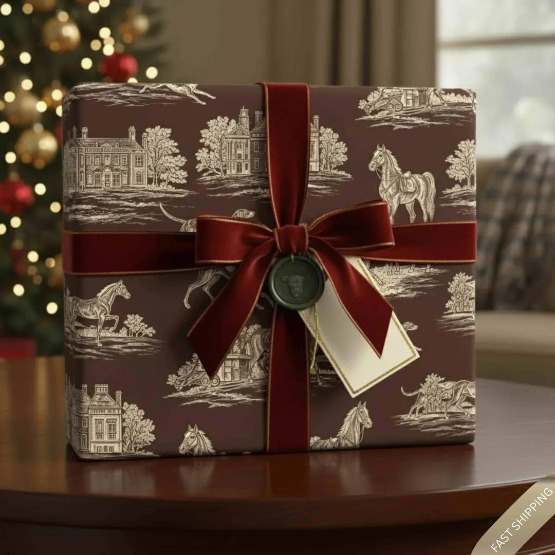 Luxury Equestrian Toile Wrapping Paper | Vintage Horse & Hound Gift Wrap | Brown Manor Estate Pat... | Etsy (US)