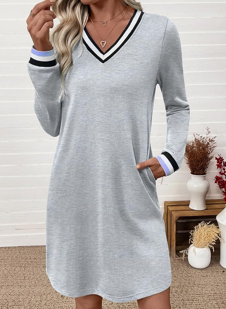 EVALESS Womens Dresses 2025 Fall V Neck Long Sleeve Casual Tshirt Dress Spring Contrast Striped S... | Amazon (US)