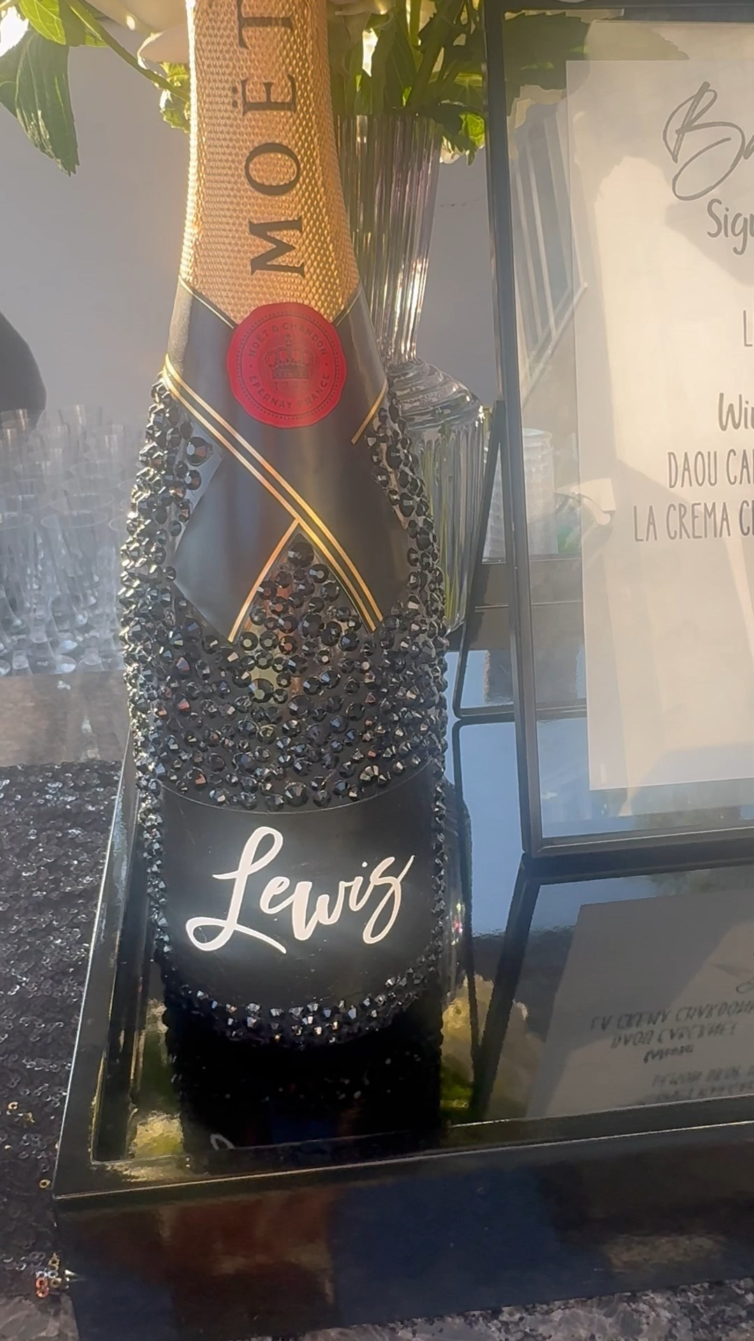 The best engagement or wedding gift! Paint a champagne bottle and attach crystals for a glamorous look. I then used my cricut to make a custom last name label. 🖤🍾