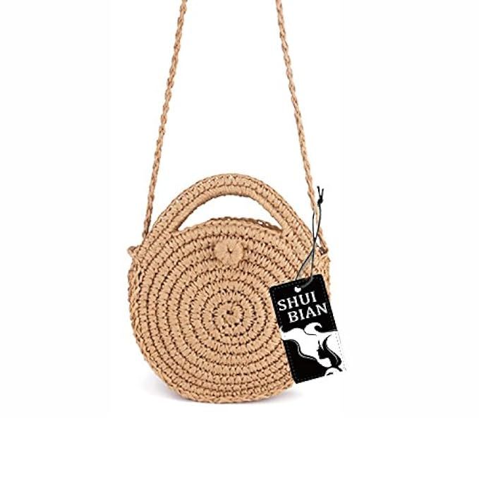 Shuibian Women Straw Crossbody Bag Crochet Shoulder Summer Bag Round Handbags Beach Bag | Amazon (US)