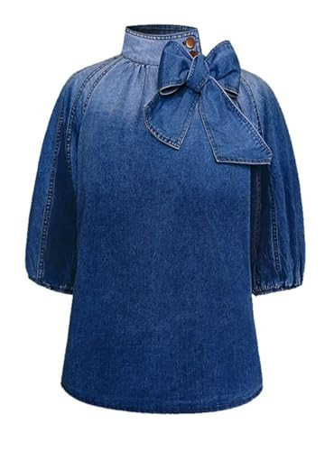 JUMPICK Womens Denim Shirt Button Down Mock Neck Jean Blouse Puff Sleeve Bow Tie Casual Blouses Tops(X-Large, DarkBlue) | Amazon (US)
